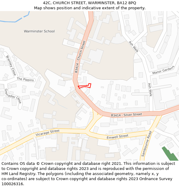 42C, CHURCH STREET, WARMINSTER, BA12 8PQ: Location map and indicative extent of plot