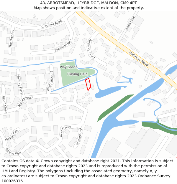 43, ABBOTSMEAD, HEYBRIDGE, MALDON, CM9 4PT: Location map and indicative extent of plot