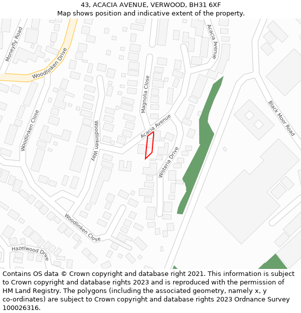 43, ACACIA AVENUE, VERWOOD, BH31 6XF: Location map and indicative extent of plot