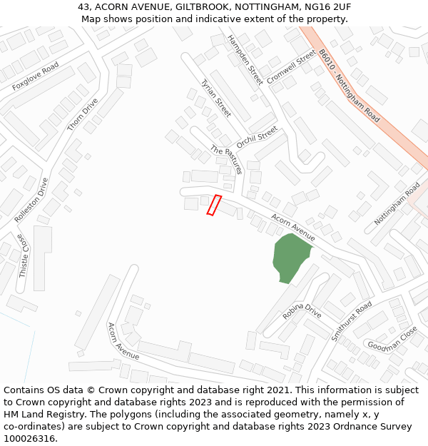 43, ACORN AVENUE, GILTBROOK, NOTTINGHAM, NG16 2UF: Location map and indicative extent of plot