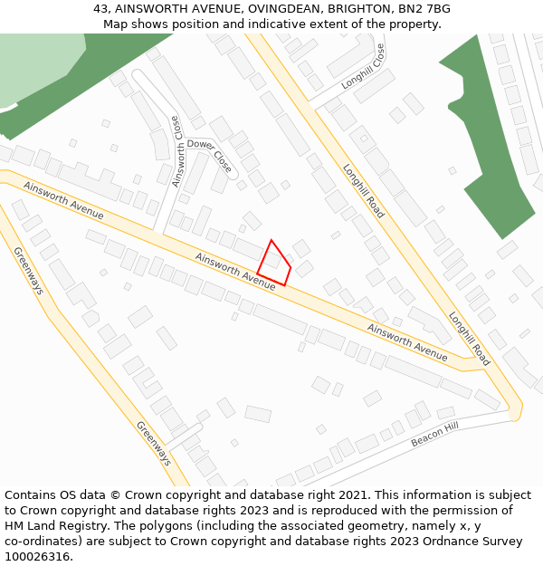 43, AINSWORTH AVENUE, OVINGDEAN, BRIGHTON, BN2 7BG: Location map and indicative extent of plot