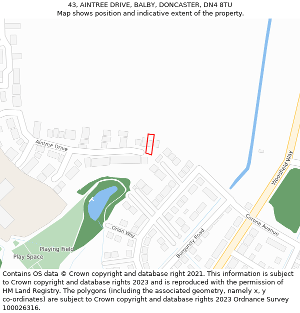43, AINTREE DRIVE, BALBY, DONCASTER, DN4 8TU: Location map and indicative extent of plot