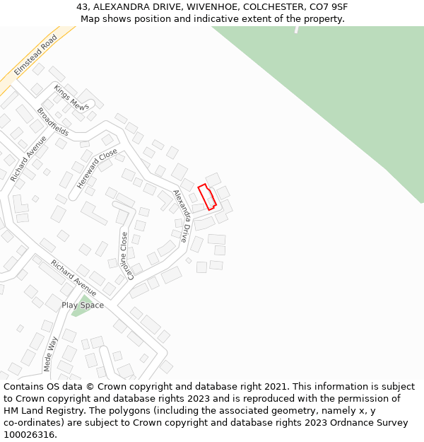 43, ALEXANDRA DRIVE, WIVENHOE, COLCHESTER, CO7 9SF: Location map and indicative extent of plot