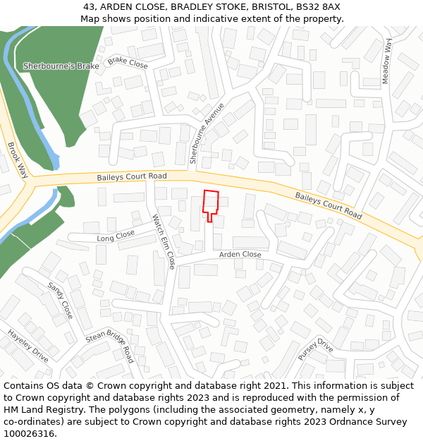 43, ARDEN CLOSE, BRADLEY STOKE, BRISTOL, BS32 8AX: Location map and indicative extent of plot