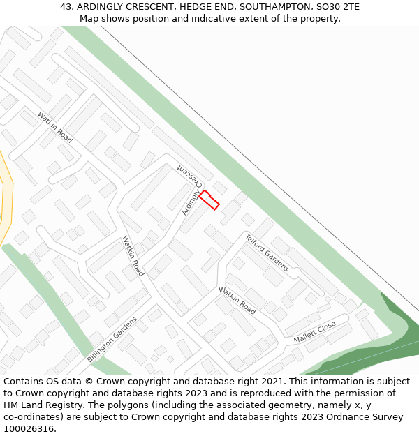 43, ARDINGLY CRESCENT, HEDGE END, SOUTHAMPTON, SO30 2TE: Location map and indicative extent of plot