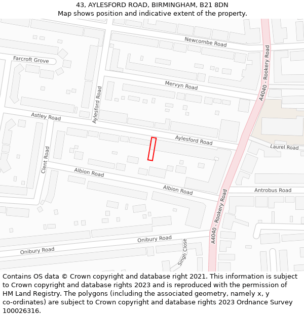 43, AYLESFORD ROAD, BIRMINGHAM, B21 8DN: Location map and indicative extent of plot
