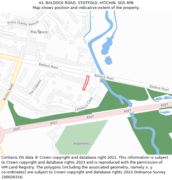43, BALDOCK ROAD, STOTFOLD, HITCHIN, SG5 4PB: Location map and indicative extent of plot