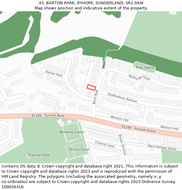 43, BARTON PARK, RYHOPE, SUNDERLAND, SR2 0AW: Location map and indicative extent of plot