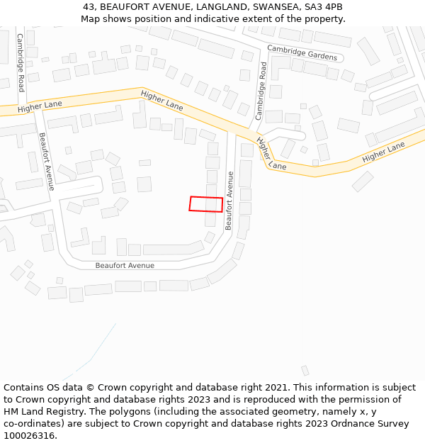 43, BEAUFORT AVENUE, LANGLAND, SWANSEA, SA3 4PB: Location map and indicative extent of plot