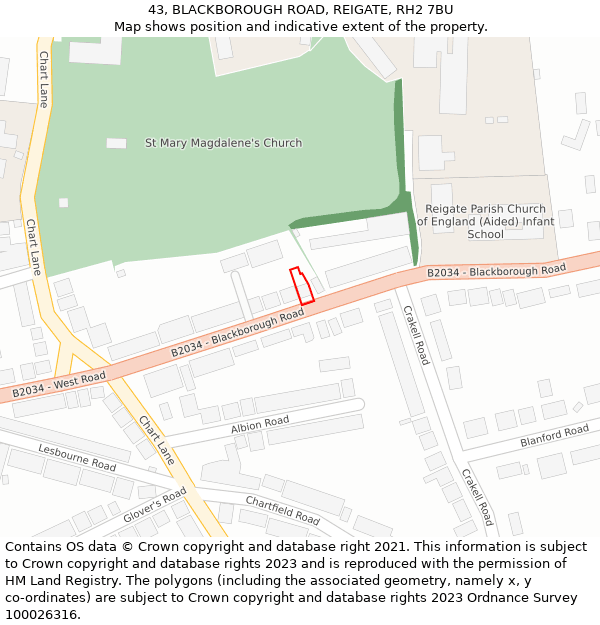 43, BLACKBOROUGH ROAD, REIGATE, RH2 7BU: Location map and indicative extent of plot