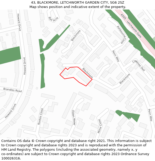 43, BLACKMORE, LETCHWORTH GARDEN CITY, SG6 2SZ: Location map and indicative extent of plot