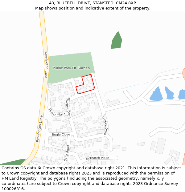 43, BLUEBELL DRIVE, STANSTED, CM24 8XP: Location map and indicative extent of plot