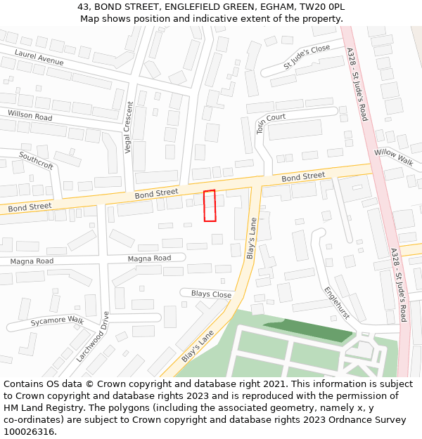 43, BOND STREET, ENGLEFIELD GREEN, EGHAM, TW20 0PL: Location map and indicative extent of plot