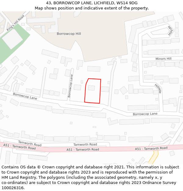 43, BORROWCOP LANE, LICHFIELD, WS14 9DG: Location map and indicative extent of plot
