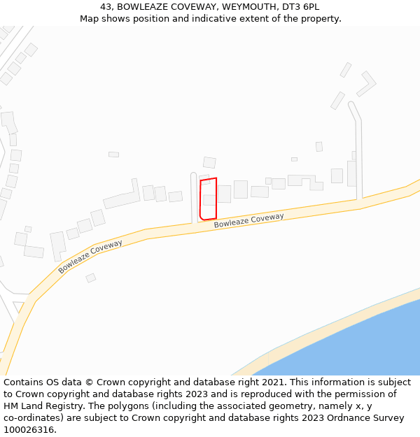 43, BOWLEAZE COVEWAY, WEYMOUTH, DT3 6PL: Location map and indicative extent of plot