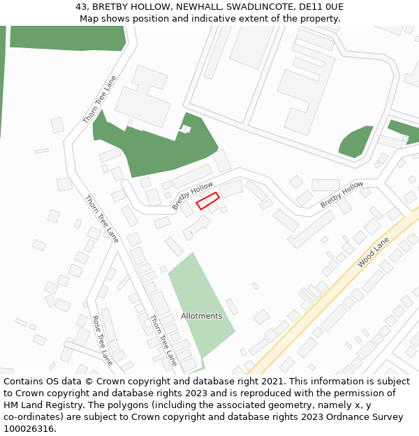 43, BRETBY HOLLOW, NEWHALL, SWADLINCOTE, DE11 0UE: Location map and indicative extent of plot