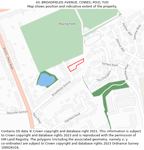 43, BROADFIELDS AVENUE, COWES, PO31 7UD: Location map and indicative extent of plot