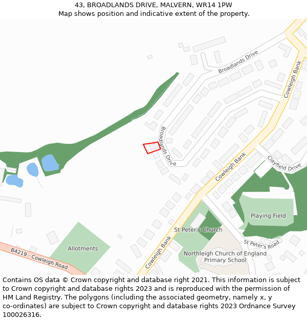 43, BROADLANDS DRIVE, MALVERN, WR14 1PW: Location map and indicative extent of plot