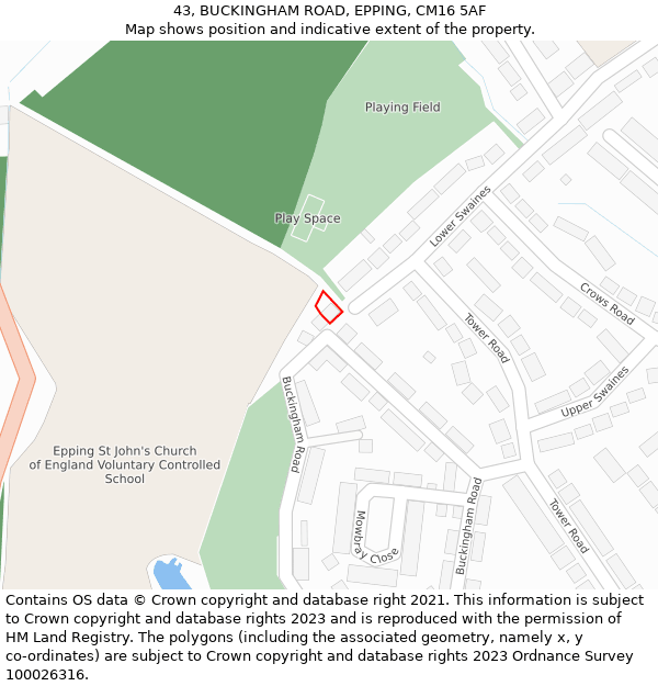 43, BUCKINGHAM ROAD, EPPING, CM16 5AF: Location map and indicative extent of plot