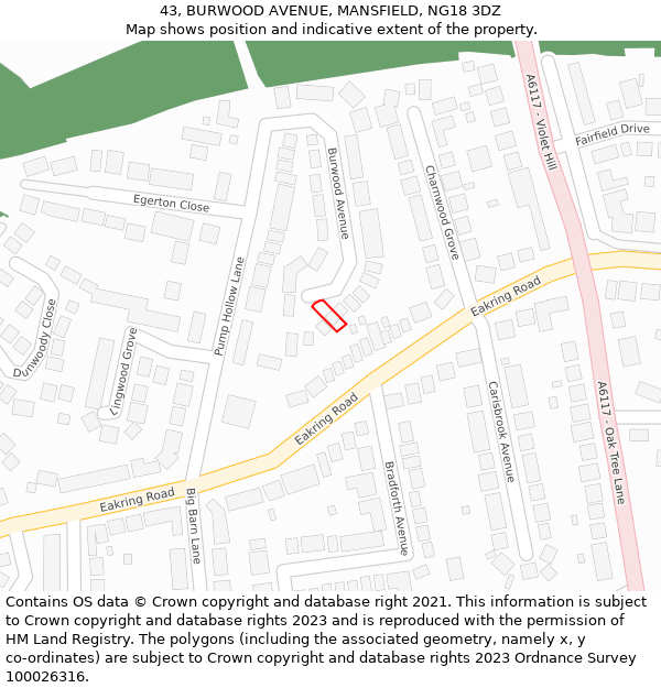 43, BURWOOD AVENUE, MANSFIELD, NG18 3DZ: Location map and indicative extent of plot