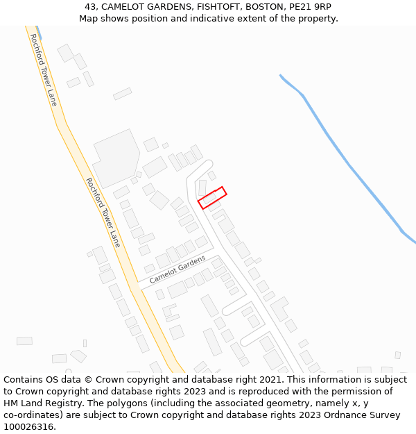 43, CAMELOT GARDENS, FISHTOFT, BOSTON, PE21 9RP: Location map and indicative extent of plot