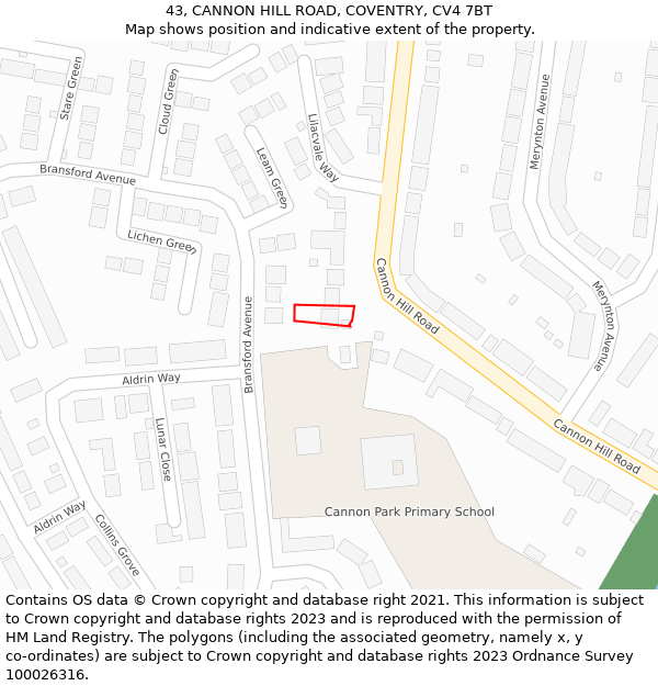43, CANNON HILL ROAD, COVENTRY, CV4 7BT: Location map and indicative extent of plot