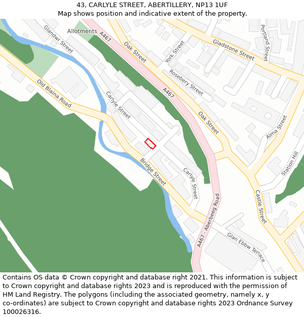 43, CARLYLE STREET, ABERTILLERY, NP13 1UF: Location map and indicative extent of plot