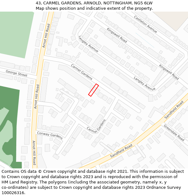 43, CARMEL GARDENS, ARNOLD, NOTTINGHAM, NG5 6LW: Location map and indicative extent of plot