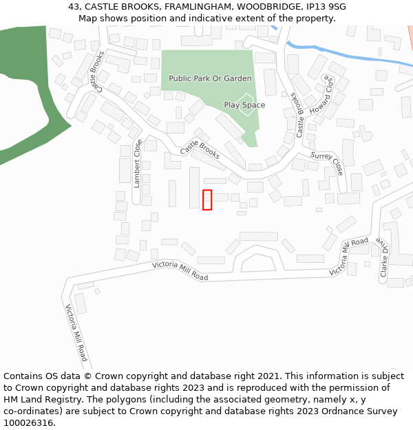 43, CASTLE BROOKS, FRAMLINGHAM, WOODBRIDGE, IP13 9SG: Location map and indicative extent of plot