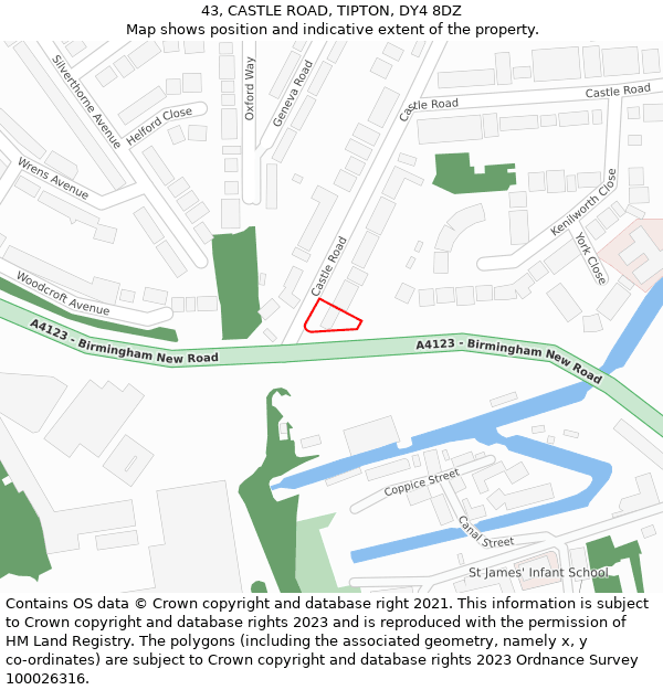 43, CASTLE ROAD, TIPTON, DY4 8DZ: Location map and indicative extent of plot