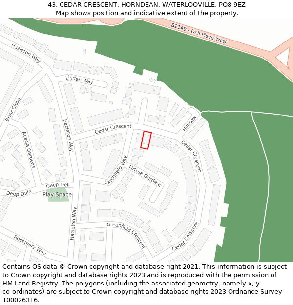 43, CEDAR CRESCENT, HORNDEAN, WATERLOOVILLE, PO8 9EZ: Location map and indicative extent of plot