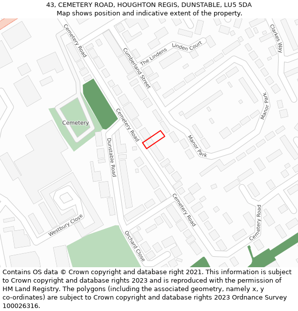 43, CEMETERY ROAD, HOUGHTON REGIS, DUNSTABLE, LU5 5DA: Location map and indicative extent of plot