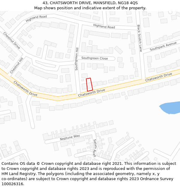 43, CHATSWORTH DRIVE, MANSFIELD, NG18 4QS: Location map and indicative extent of plot