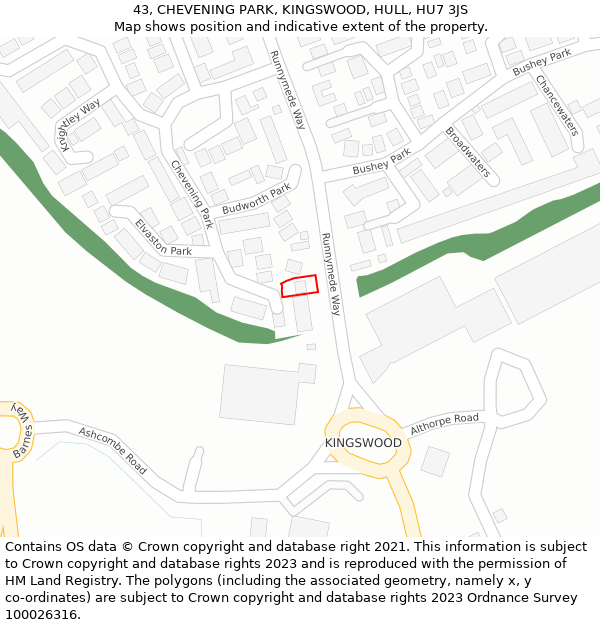 43, CHEVENING PARK, KINGSWOOD, HULL, HU7 3JS: Location map and indicative extent of plot