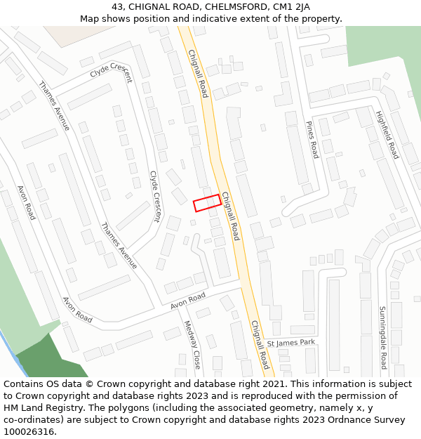 43, CHIGNAL ROAD, CHELMSFORD, CM1 2JA: Location map and indicative extent of plot