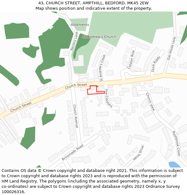 43, CHURCH STREET, AMPTHILL, BEDFORD, MK45 2EW: Location map and indicative extent of plot