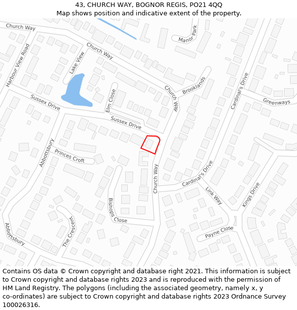 43, CHURCH WAY, BOGNOR REGIS, PO21 4QQ: Location map and indicative extent of plot