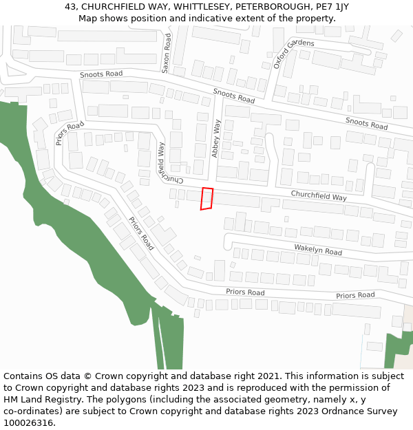 43, CHURCHFIELD WAY, WHITTLESEY, PETERBOROUGH, PE7 1JY: Location map and indicative extent of plot