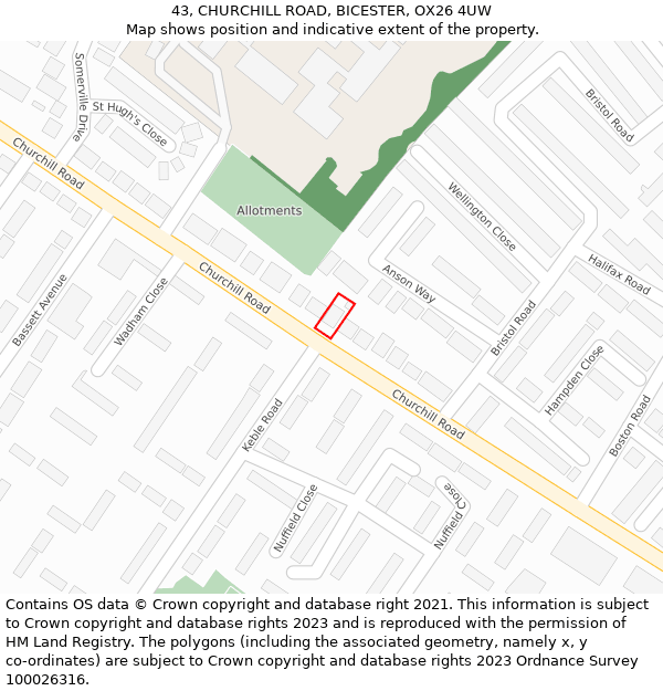 43, CHURCHILL ROAD, BICESTER, OX26 4UW: Location map and indicative extent of plot