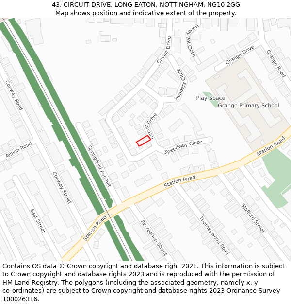 43, CIRCUIT DRIVE, LONG EATON, NOTTINGHAM, NG10 2GG: Location map and indicative extent of plot