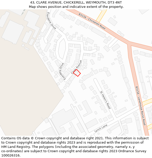 43, CLARE AVENUE, CHICKERELL, WEYMOUTH, DT3 4NT: Location map and indicative extent of plot