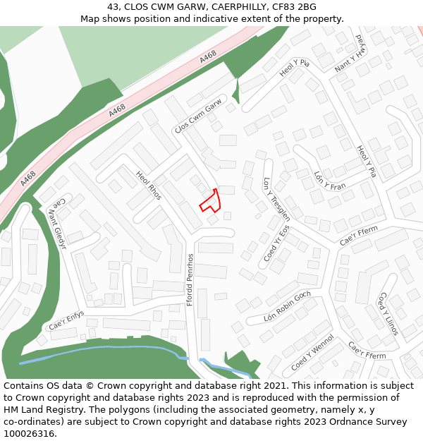 43, CLOS CWM GARW, CAERPHILLY, CF83 2BG: Location map and indicative extent of plot