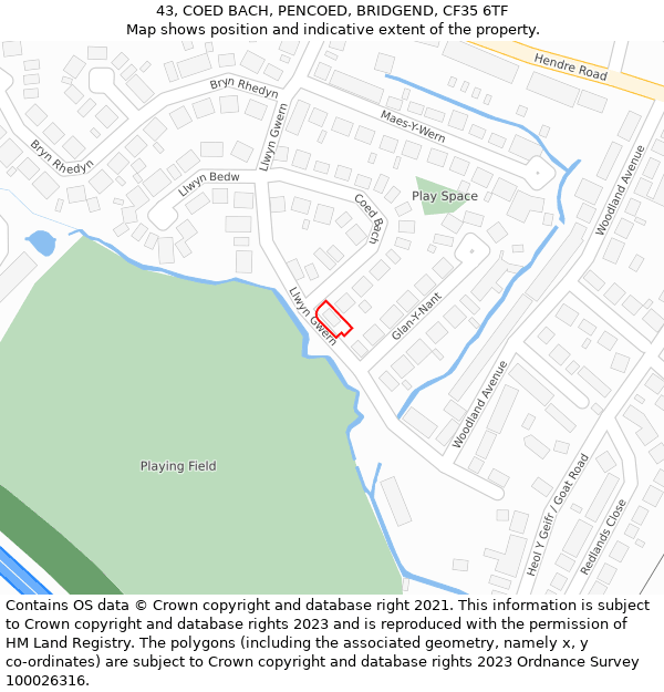 43, COED BACH, PENCOED, BRIDGEND, CF35 6TF: Location map and indicative extent of plot