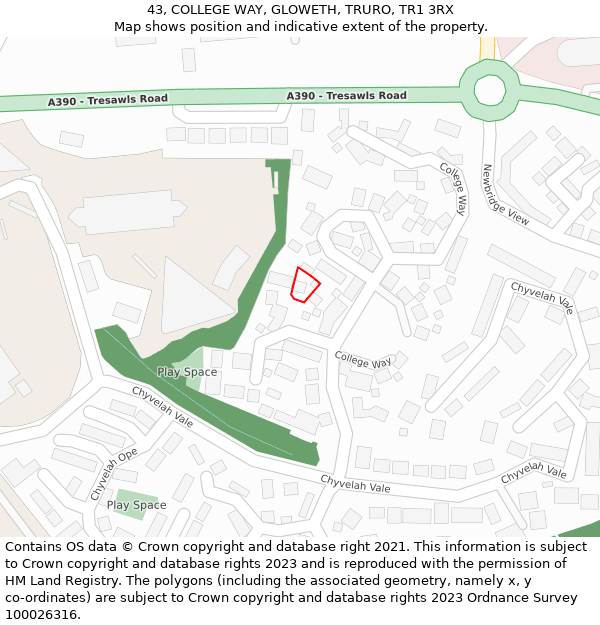 43, COLLEGE WAY, GLOWETH, TRURO, TR1 3RX: Location map and indicative extent of plot