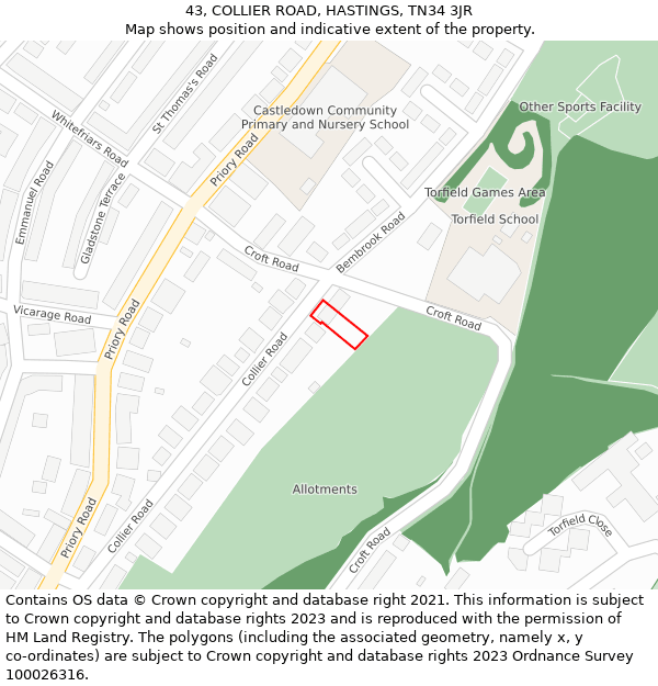 43, COLLIER ROAD, HASTINGS, TN34 3JR: Location map and indicative extent of plot