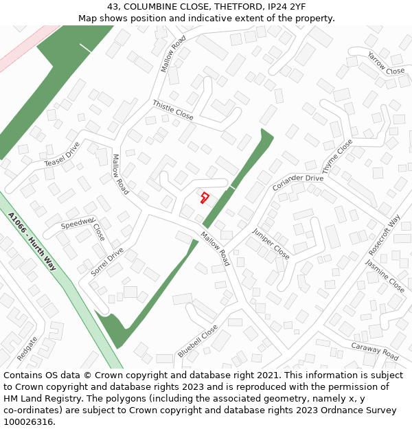 43, COLUMBINE CLOSE, THETFORD, IP24 2YF: Location map and indicative extent of plot