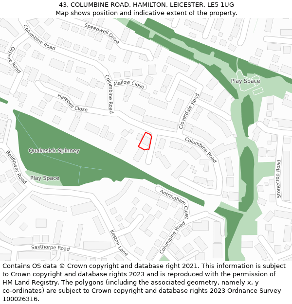 43, COLUMBINE ROAD, HAMILTON, LEICESTER, LE5 1UG: Location map and indicative extent of plot