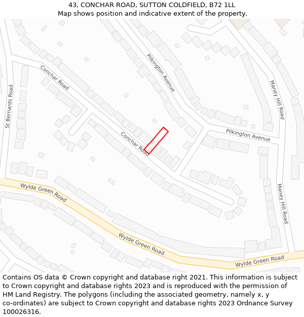 43, CONCHAR ROAD, SUTTON COLDFIELD, B72 1LL: Location map and indicative extent of plot