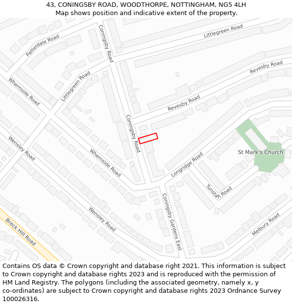 43, CONINGSBY ROAD, WOODTHORPE, NOTTINGHAM, NG5 4LH: Location map and indicative extent of plot