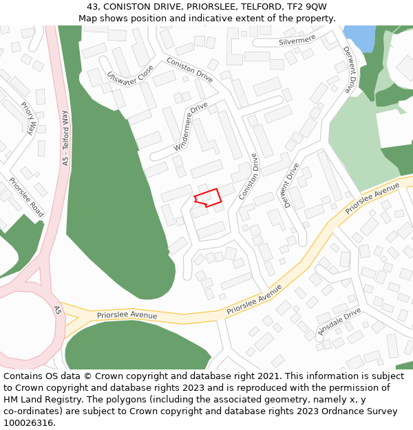 43, CONISTON DRIVE, PRIORSLEE, TELFORD, TF2 9QW: Location map and indicative extent of plot